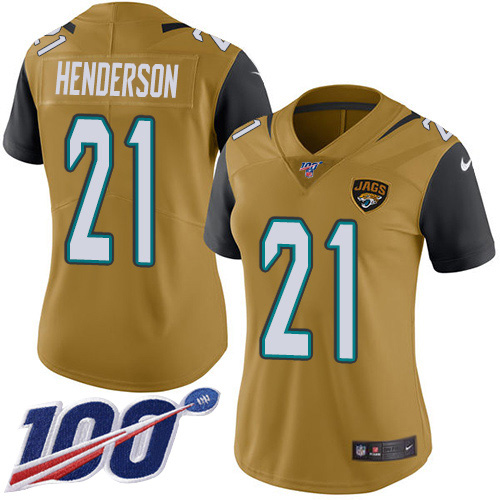 Nike Jacksonville Jaguars #21 C.J. Henderson Gold Women Stitched NFL Limited Rush 100th Season Jersey->women nfl jersey->Women Jersey